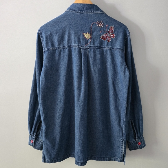 Quacker Factory Denim Sequin Button-down Shirt Size S - Picture 6 of 7